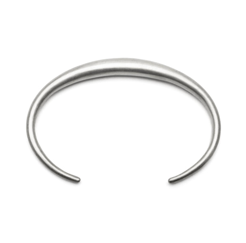 silver curved cuff bracelet on a white background