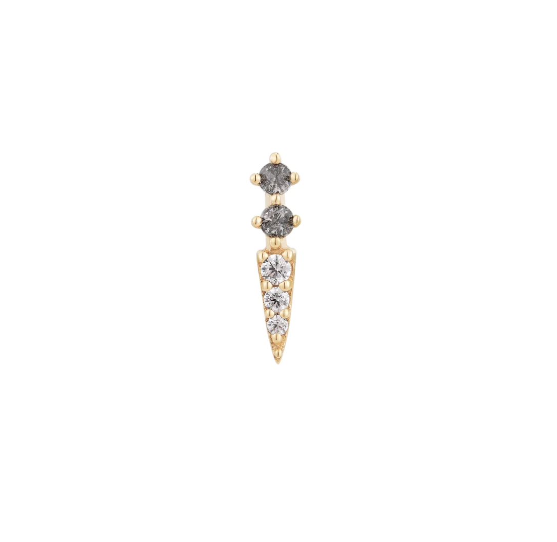 dagger shaped stud earring with two round grey diamonds and three small white diamonds on a white background