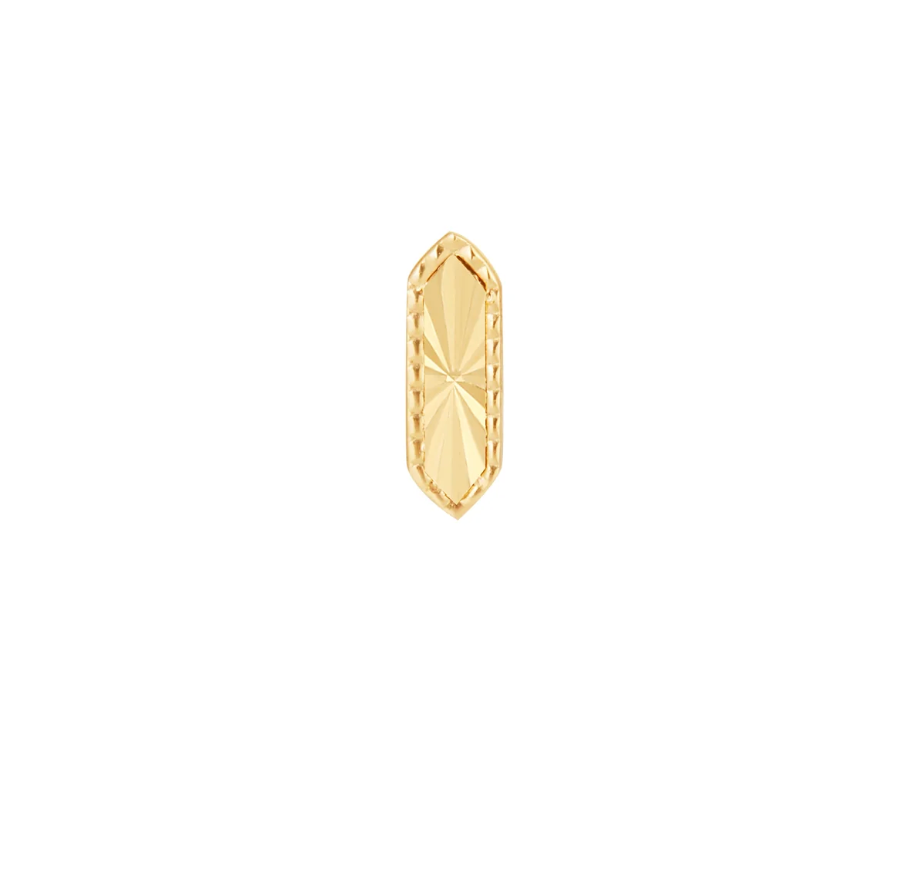 elongated hexagon shaped stud earring with textured details on a white background