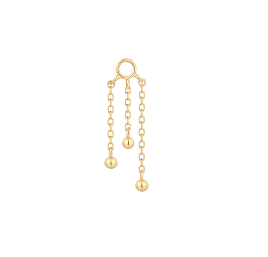 yellow gold earring charm with three dangling chains on a white background