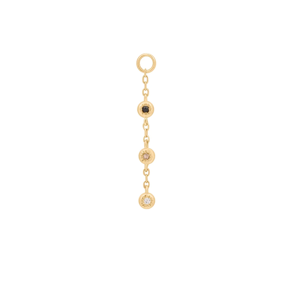 gold dangling earring charm with a black spinel, smokey quartz and clear crystal