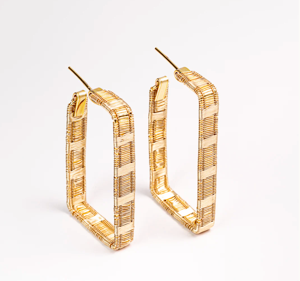 rectangle shaped woven brass wire hoop earrings on a white background