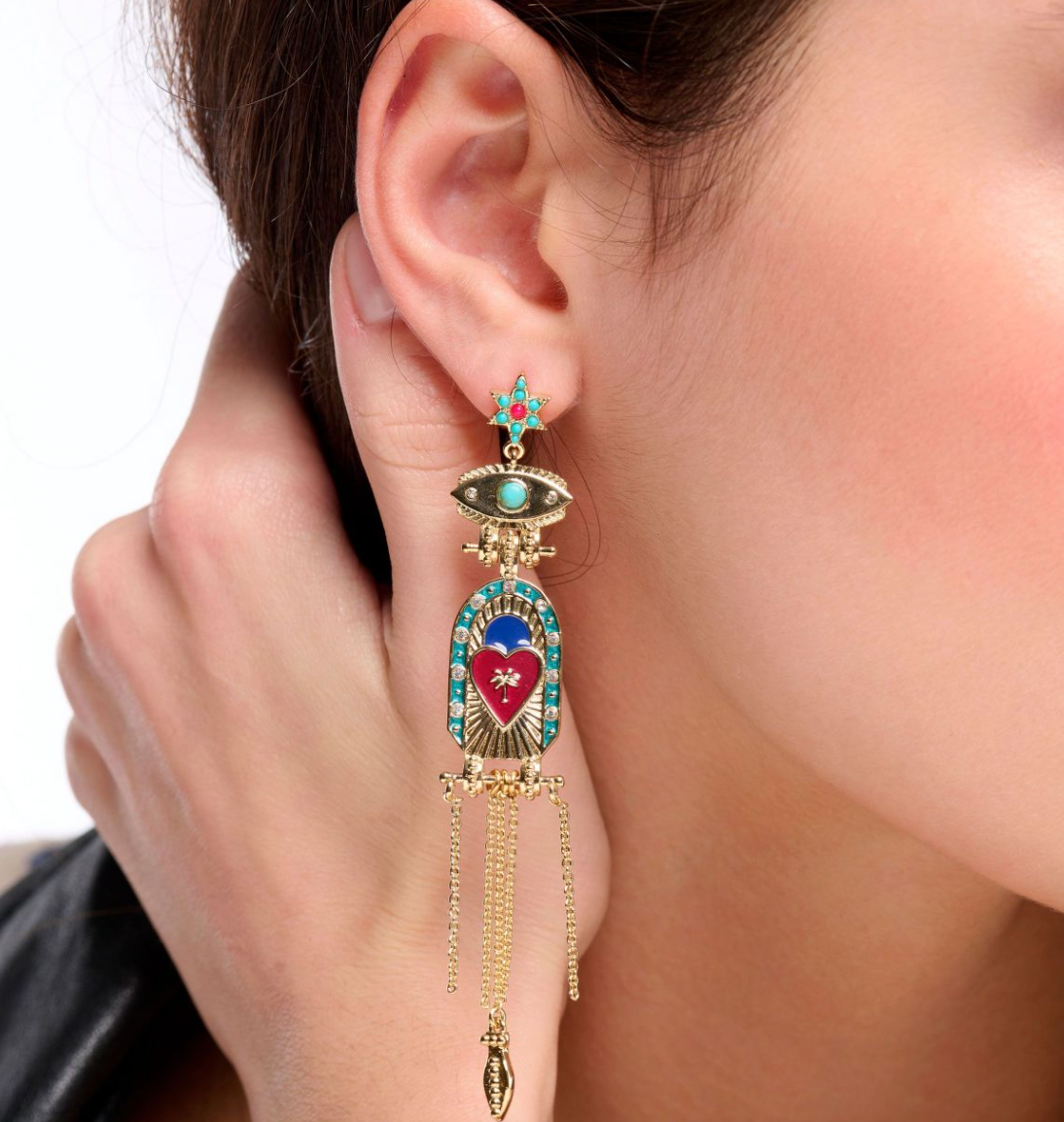 Oracle earrings pictured on a model 
