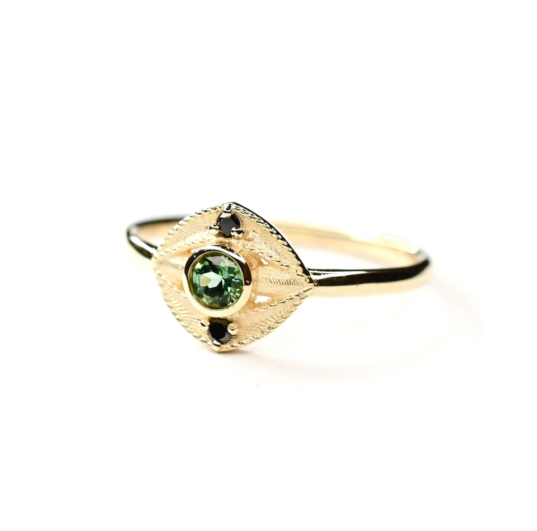 angled view of the staffa black diamond ring on white background