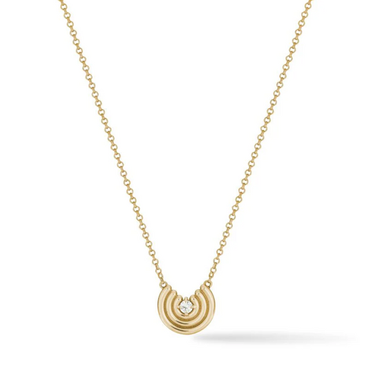 Load image into Gallery viewer, yellow gold semi circle necklace with round diamond center stone on white background
