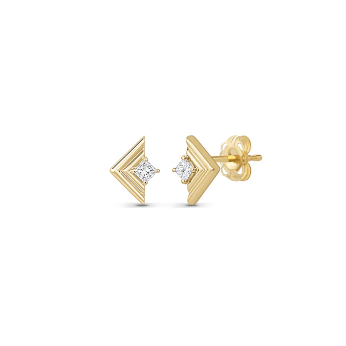 Gold chevron-shaped earrings with diamond-like stones on a white background