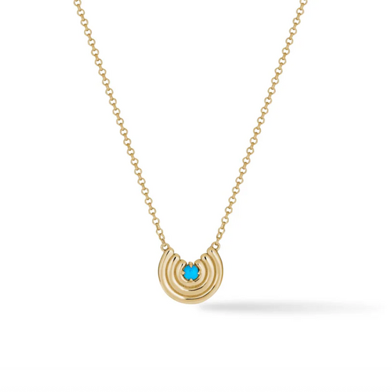 Load image into Gallery viewer, Gold necklace with a half-circle pendant featuring a turquoise gemstone on a white background
