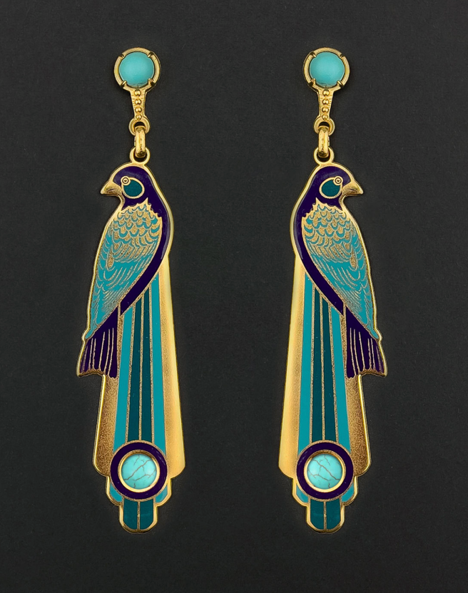 Bird-shaped earrings with gold, blue, and purple colors on a black background
