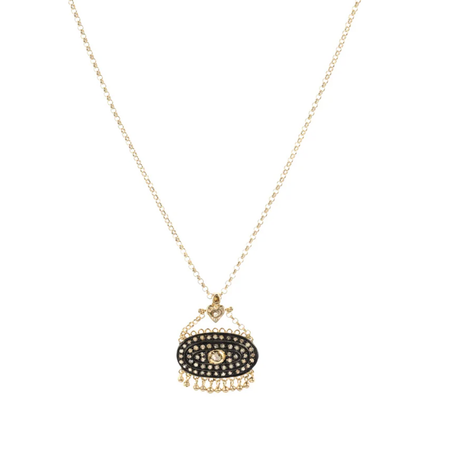 Necklace with a black and gold pendant on a white background