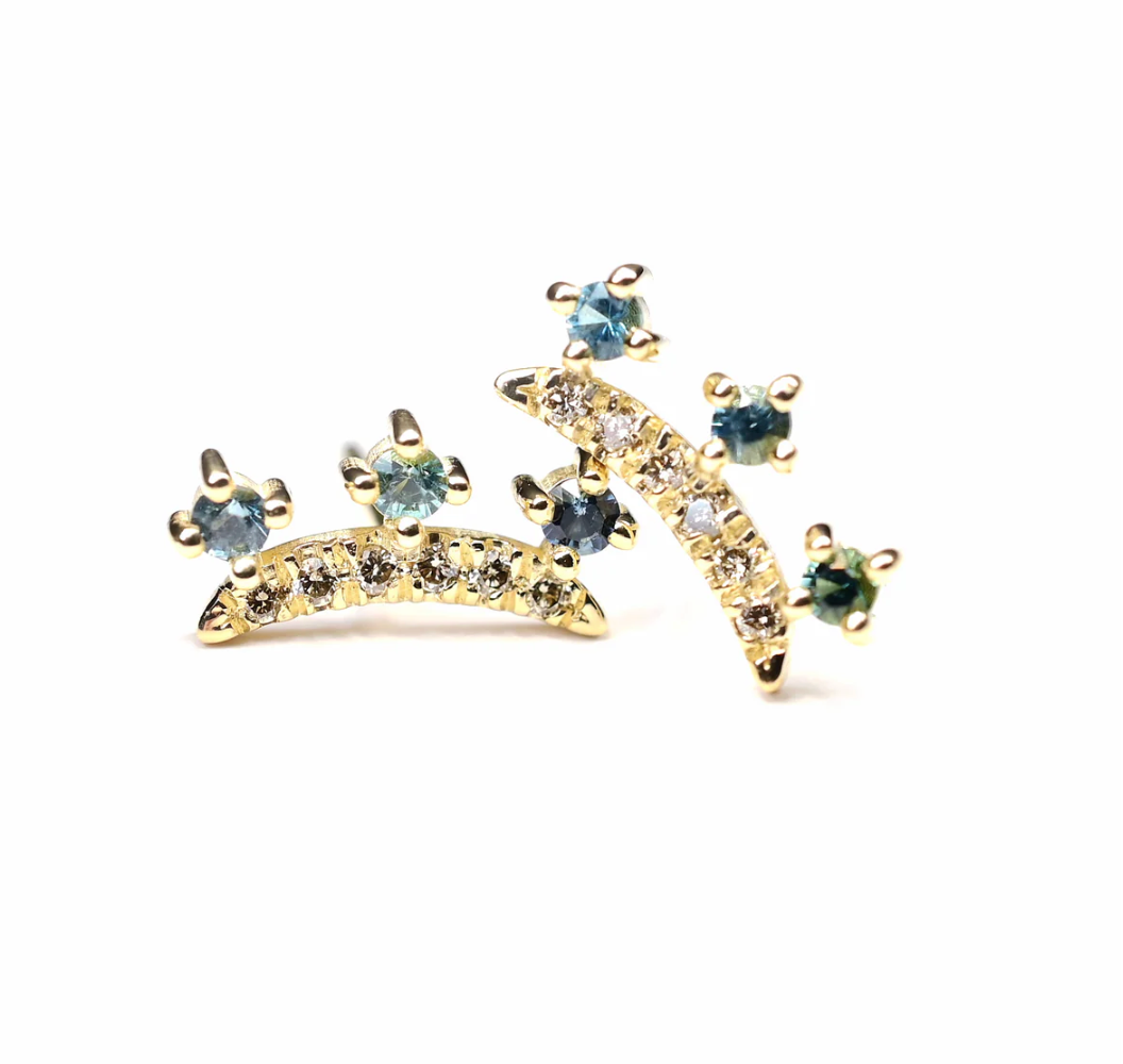 Gold earrings with gemstones on a white background