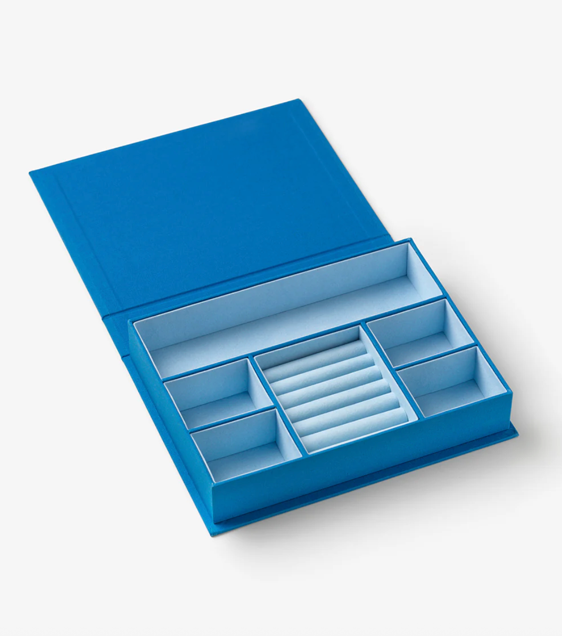 Blue jewelry box with compartments on a white background