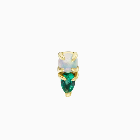 small stud earring with round opal and pear shaped emerald on white background