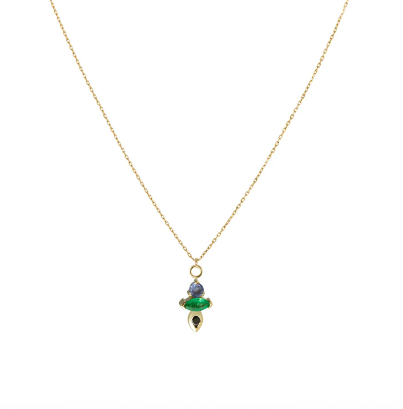 small gold pendant necklace with emerald, tanzanite and black diamond.