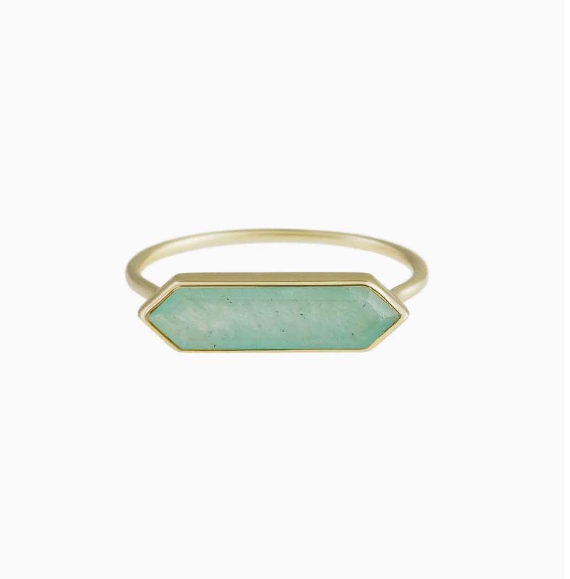 hexagon shaped amazonite gemstone ring in yellow gold on white background