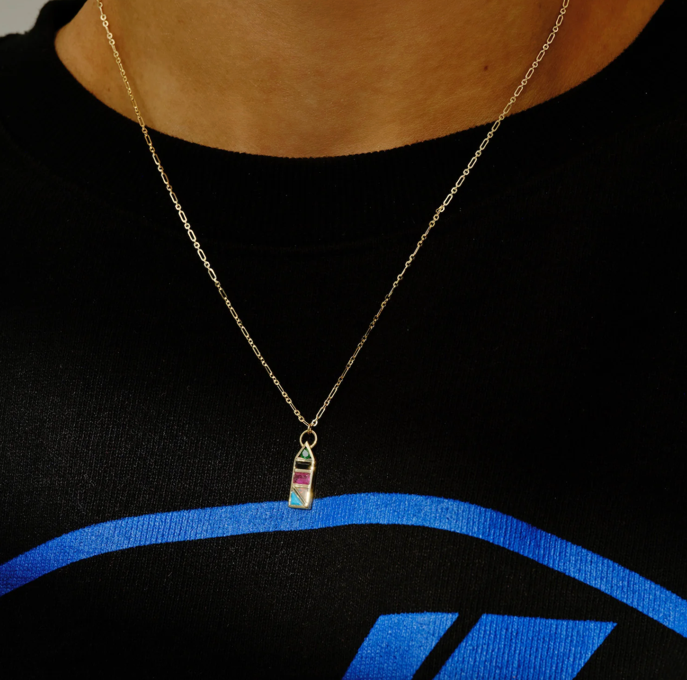 model wearing the rainbow tableau roma pendant