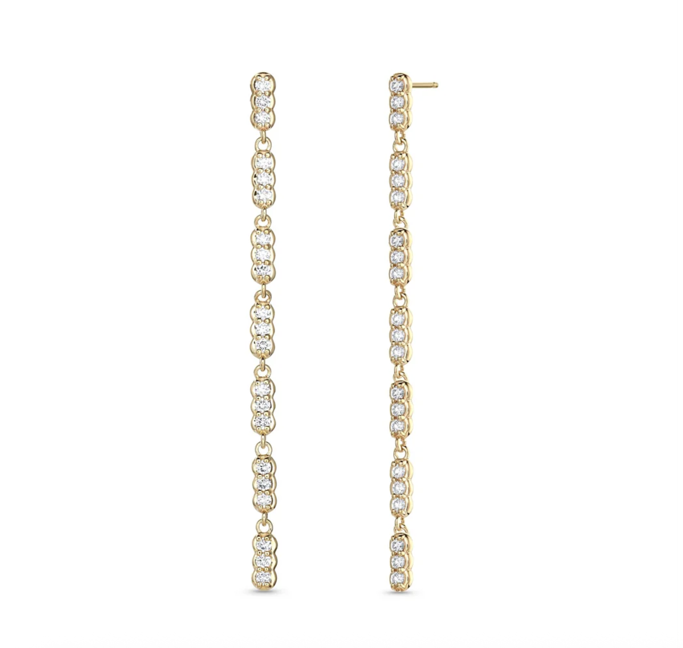 Gold chain earrings with small diamonds on a white background