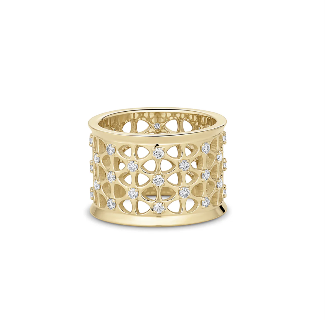 Gold ring with diamond accents on a white background