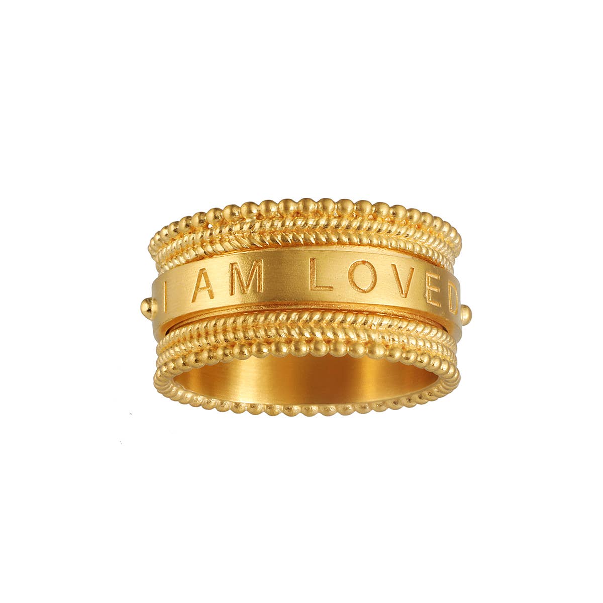 gold decorate band with the engraving "I Am Loved", on a white background