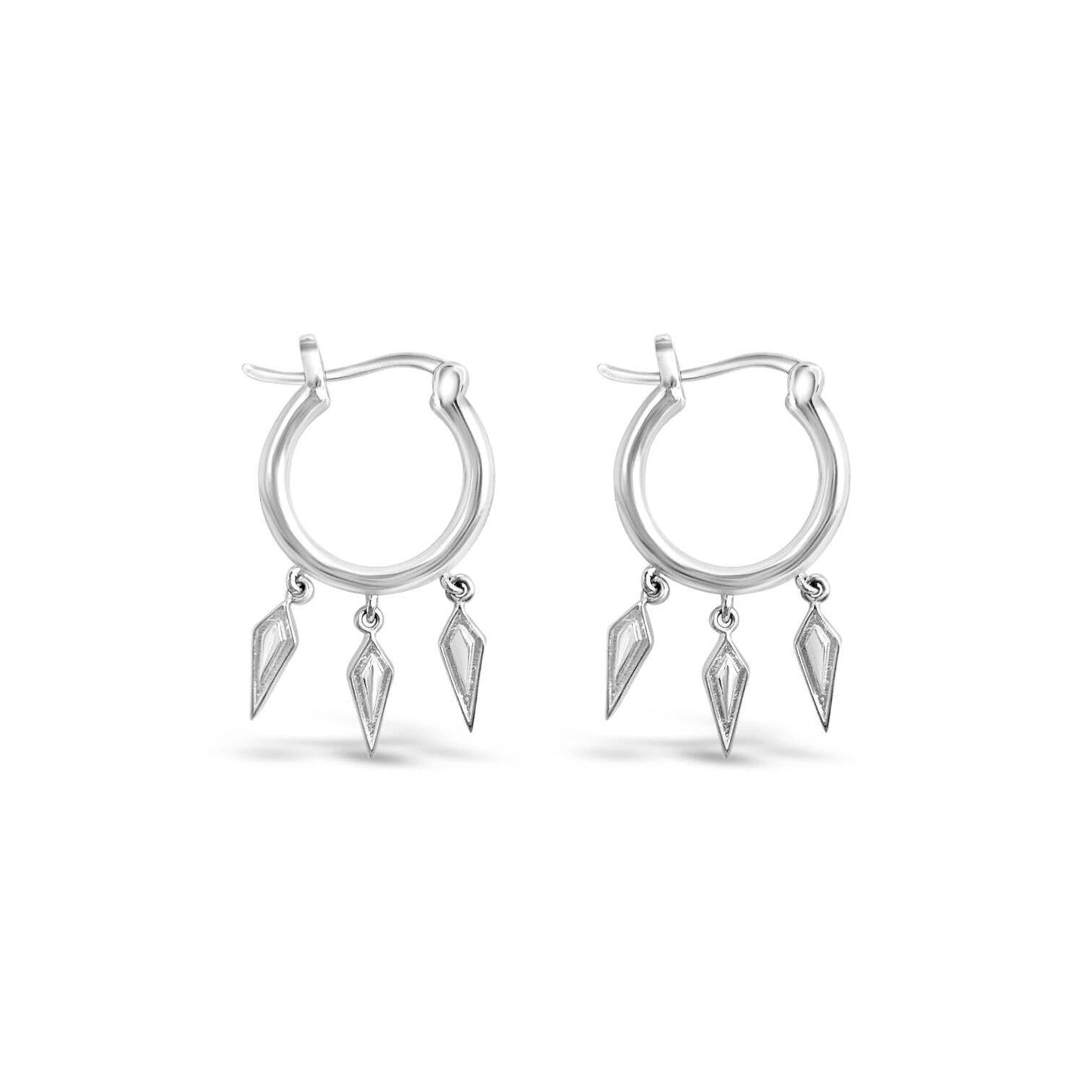 Silver hoop earrings with dangling diamond-shaped pendants on a white background