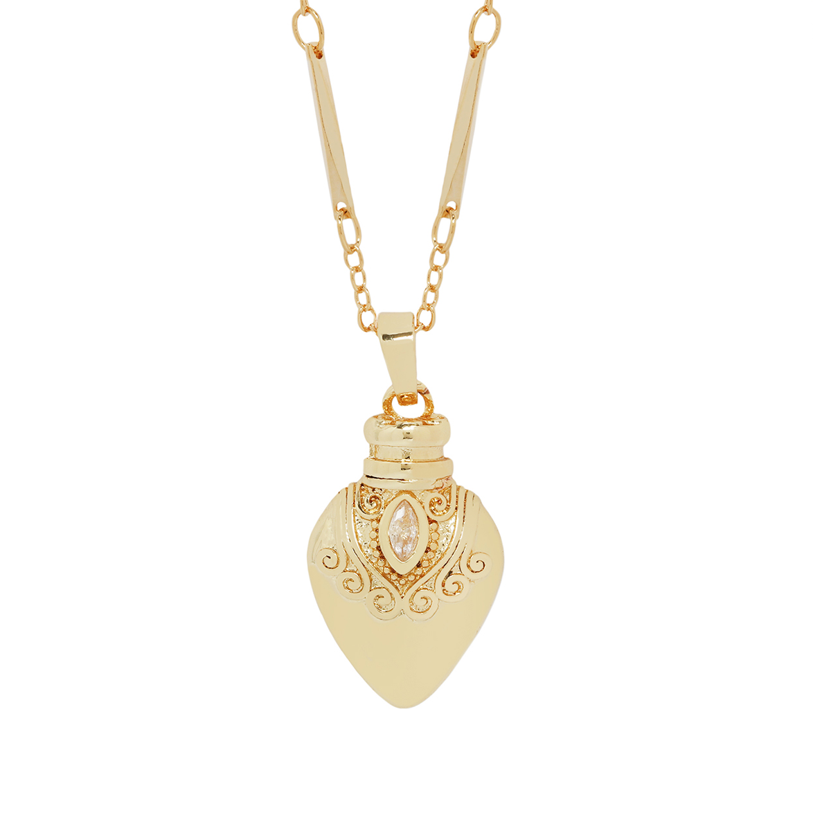 A gold necklaces with heart-shaped potion bottle pendants on a white background