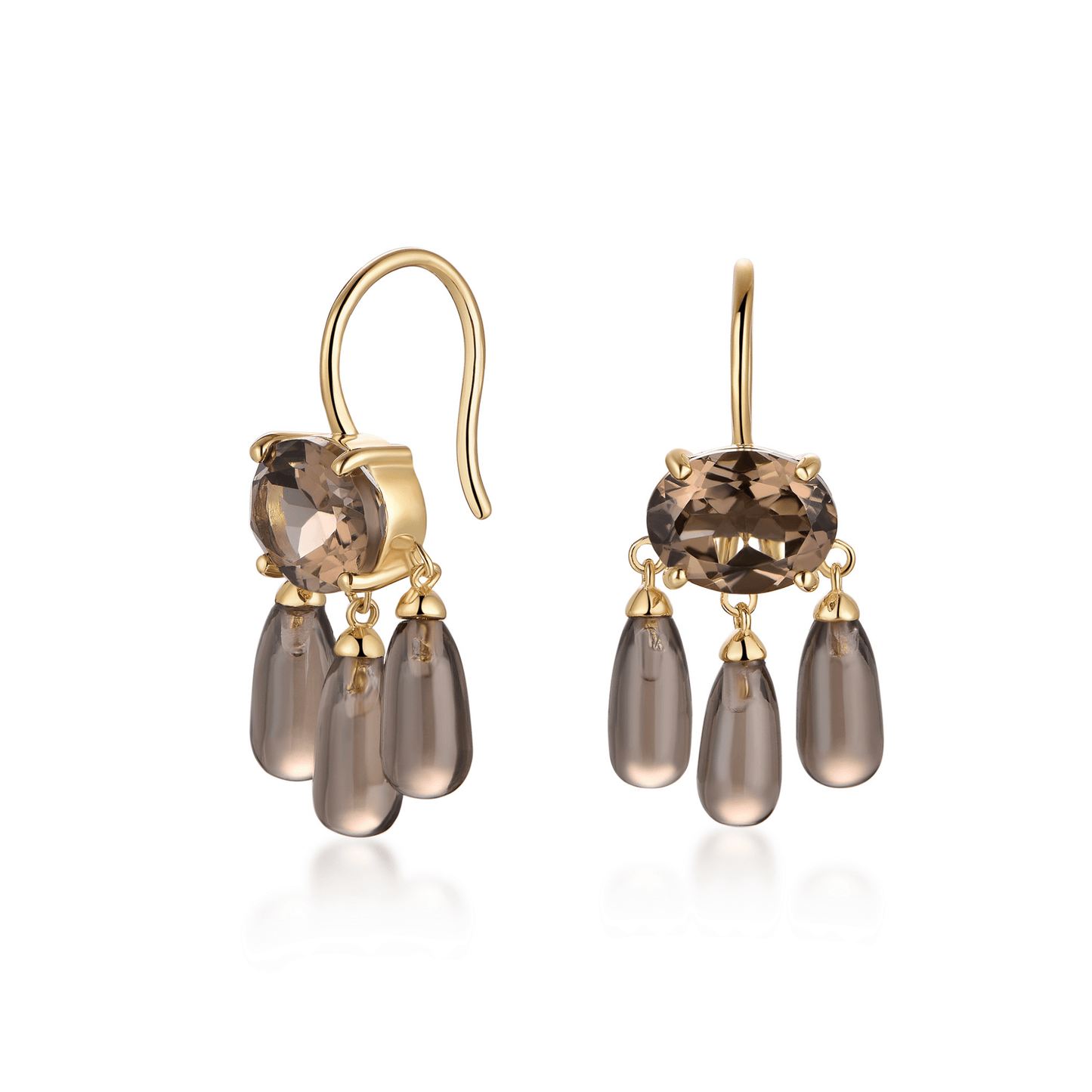 Gold earrings with smoky brown gemstones on a white background