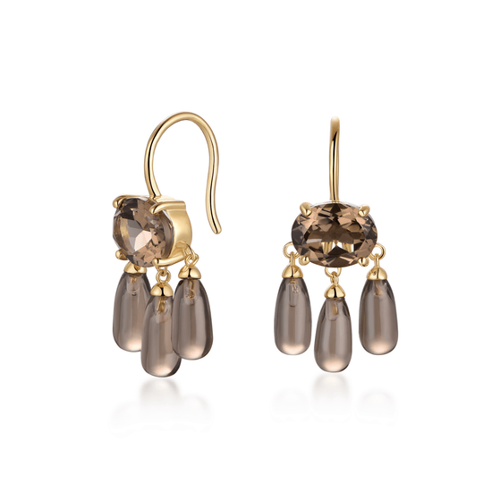 Gold earrings with smoky brown gemstones on a white background