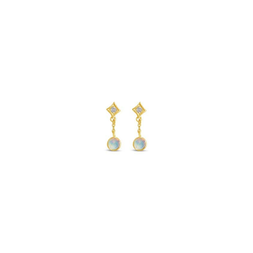 Pair of gold earrings with gemstones on a white background