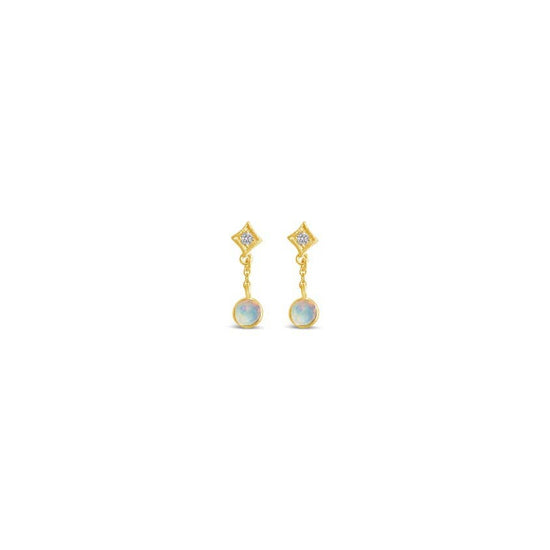 Pair of gold earrings with gemstones on a white background