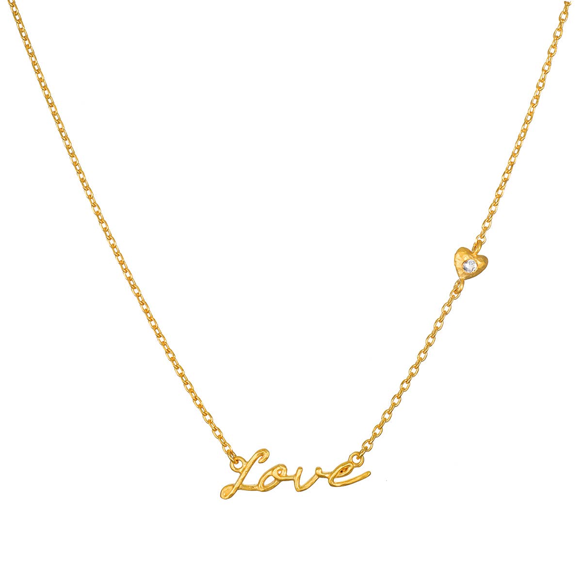 gold necklace with Love pendant and a small heart with white topaz center on a white background