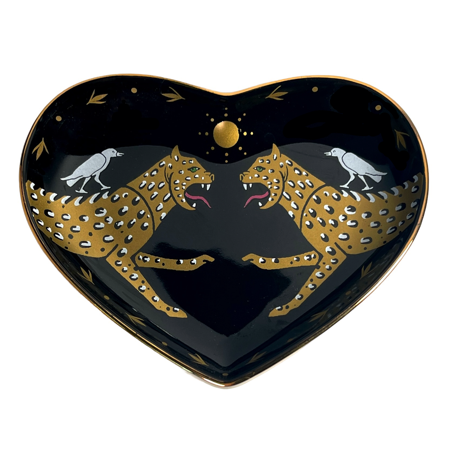 heart shaped ceramic jewelry dish with mirrored cheetahs and gold accents on a white background