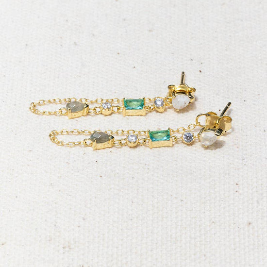 Gold earrings with emerald and diamond-like stones on a textured white surface