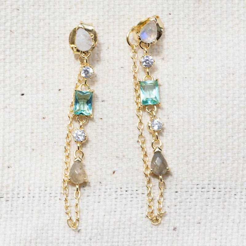 Pair of gold earrings with gemstones on a textured white background