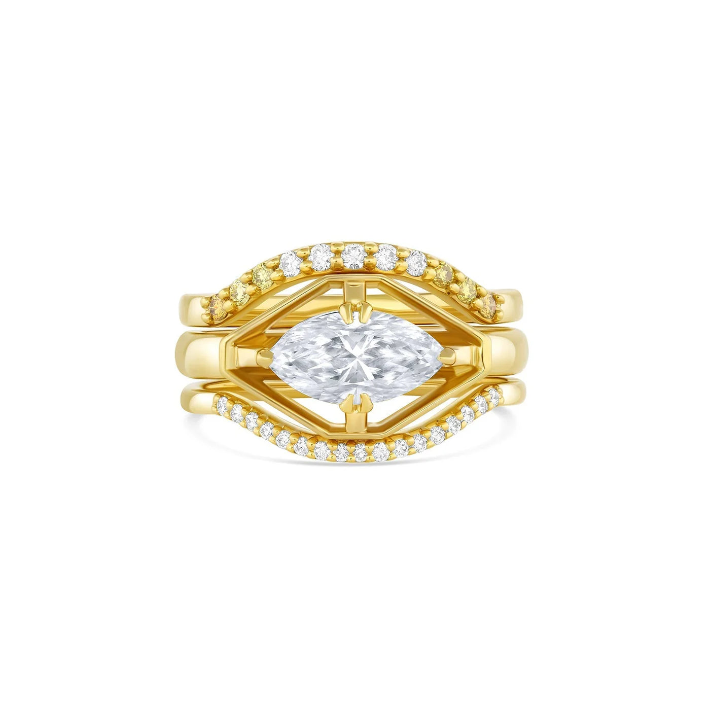Gold ring with a diamond on a white background stacked with two diamond contour bands