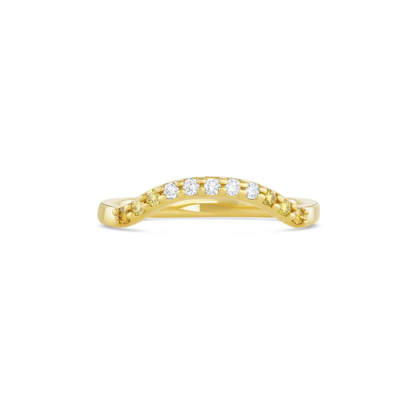 Gold ring with embedded with white, yellow, and light brown diamonds on a white background
