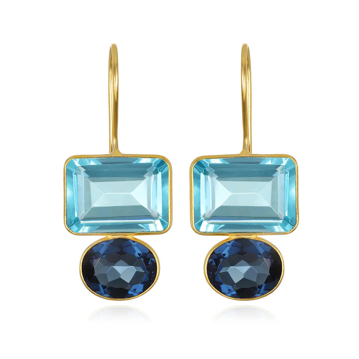 gold drop earrings with an emerald cut sky blue quartz and an oval royal blue quartz on a white background