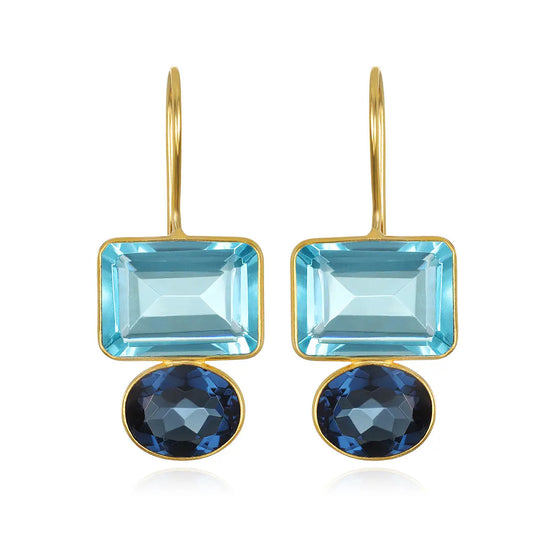 gold drop earrings with an emerald cut sky blue quartz and an oval royal blue quartz on a white background