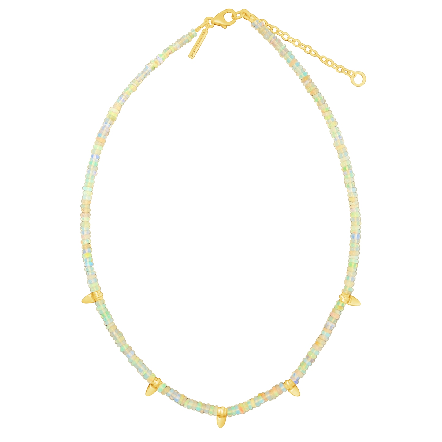 Necklace with opal beads and gold accents on a white background