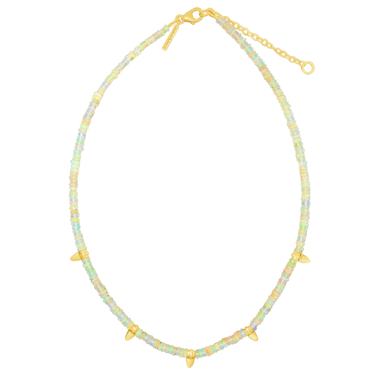 Necklace with opal beads and gold accents on a white background