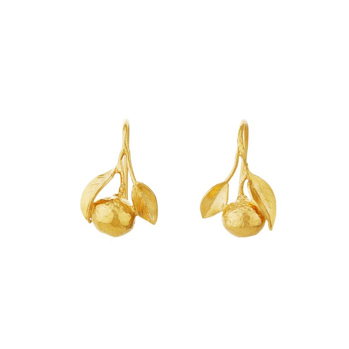 front view of the orange hook earrings on a white background featuring an orange with two leaves in all gold