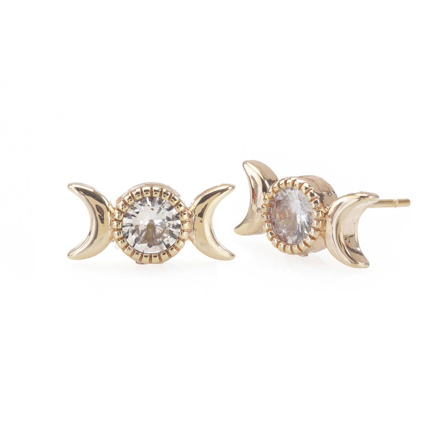 Pair of gold moon phase earrings with clear gemstones on a white background