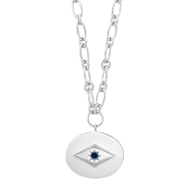 Necklace with a circular pendant featuring an eye design on a white background