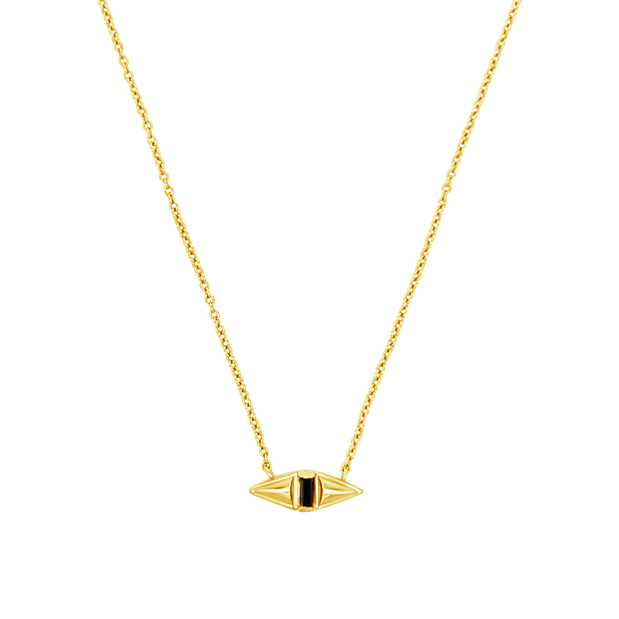 Gold necklace with a small pendant on a white background