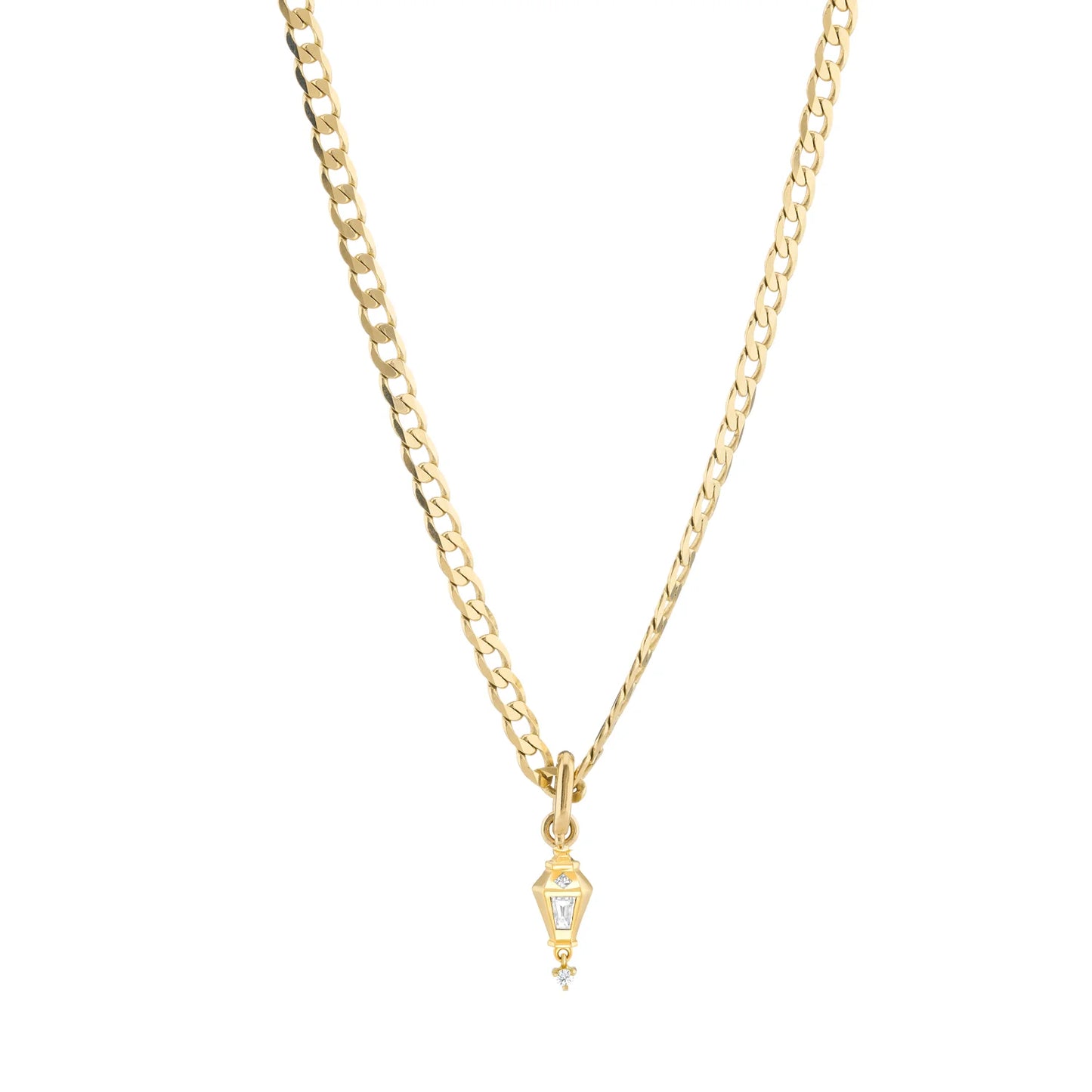 a lantern shaped gold pendant with white diamonds details on a gold curb chain on a white background