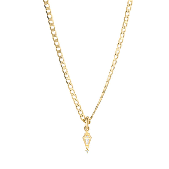 Load image into Gallery viewer, a lantern shaped gold pendant with white diamonds details on a gold curb chain on a white background
