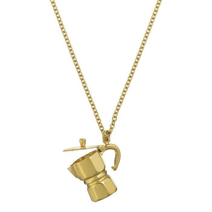 close up of the gold moka pot necklace wit the lid of the charm open on a white background