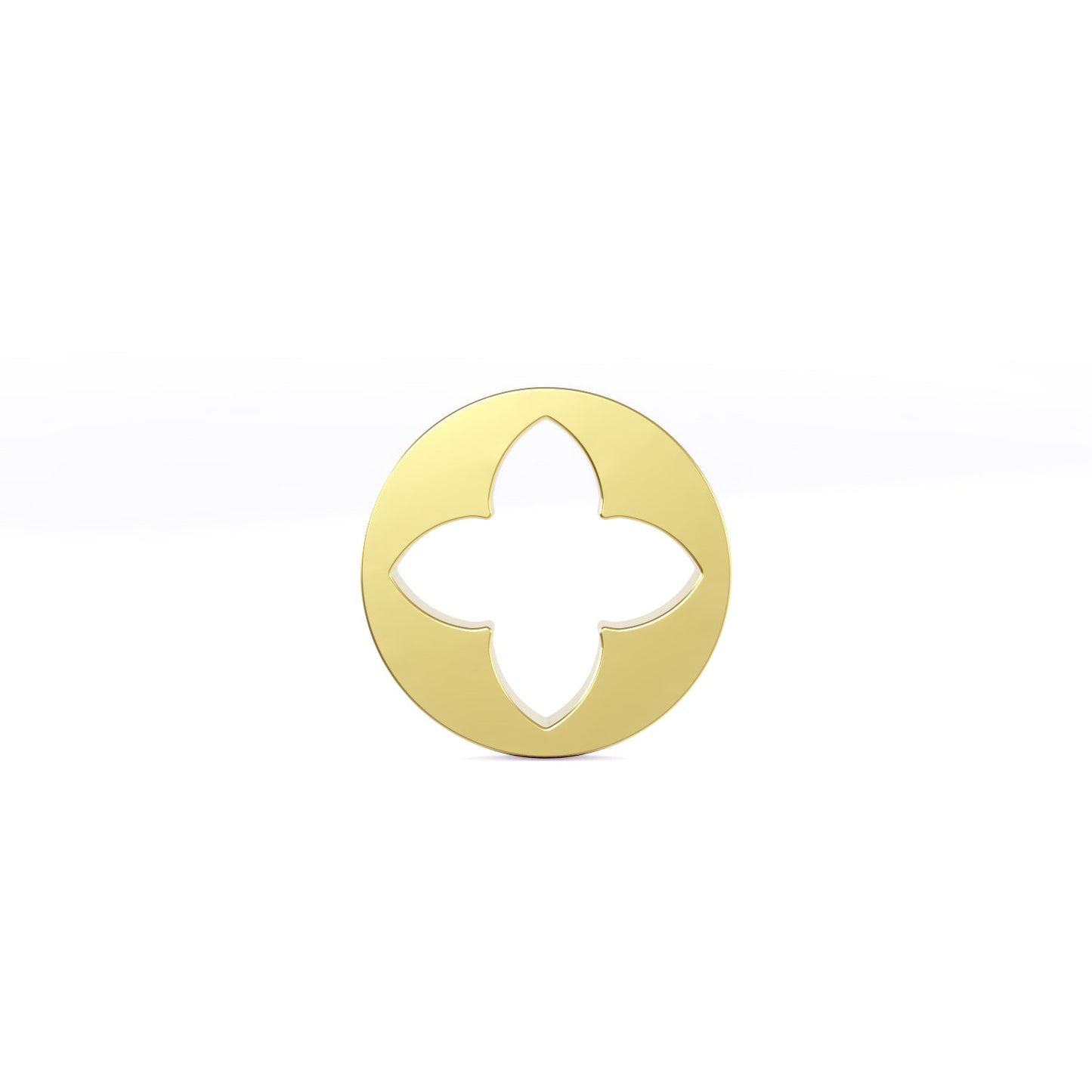 yellow gold circle charm with quatrefoil cut out on white background