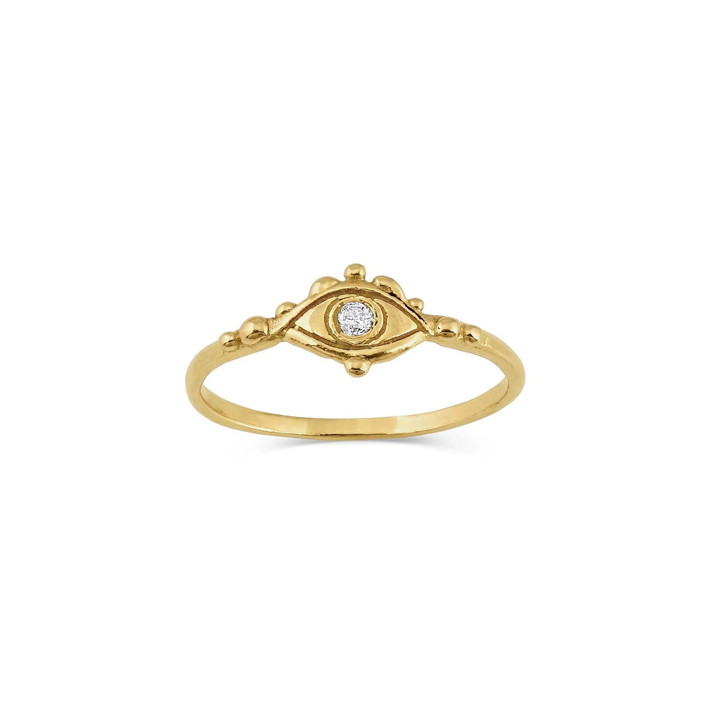 Gold eye ring with a diamond on a white background