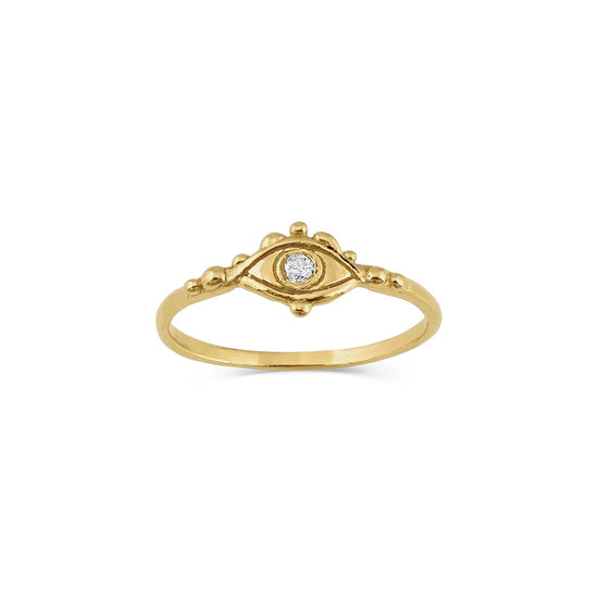 Gold eye ring with a diamond on a white background