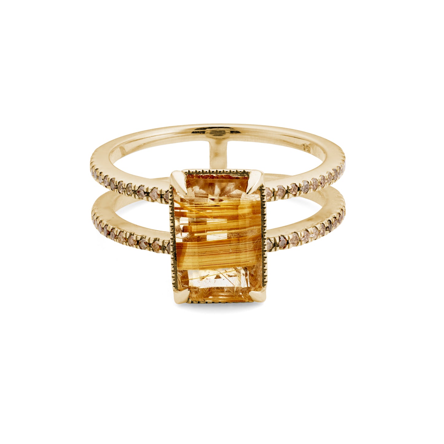 Load image into Gallery viewer, Double band Gisele ring with champagne diamonds and a gold rutile quartz on white background.
