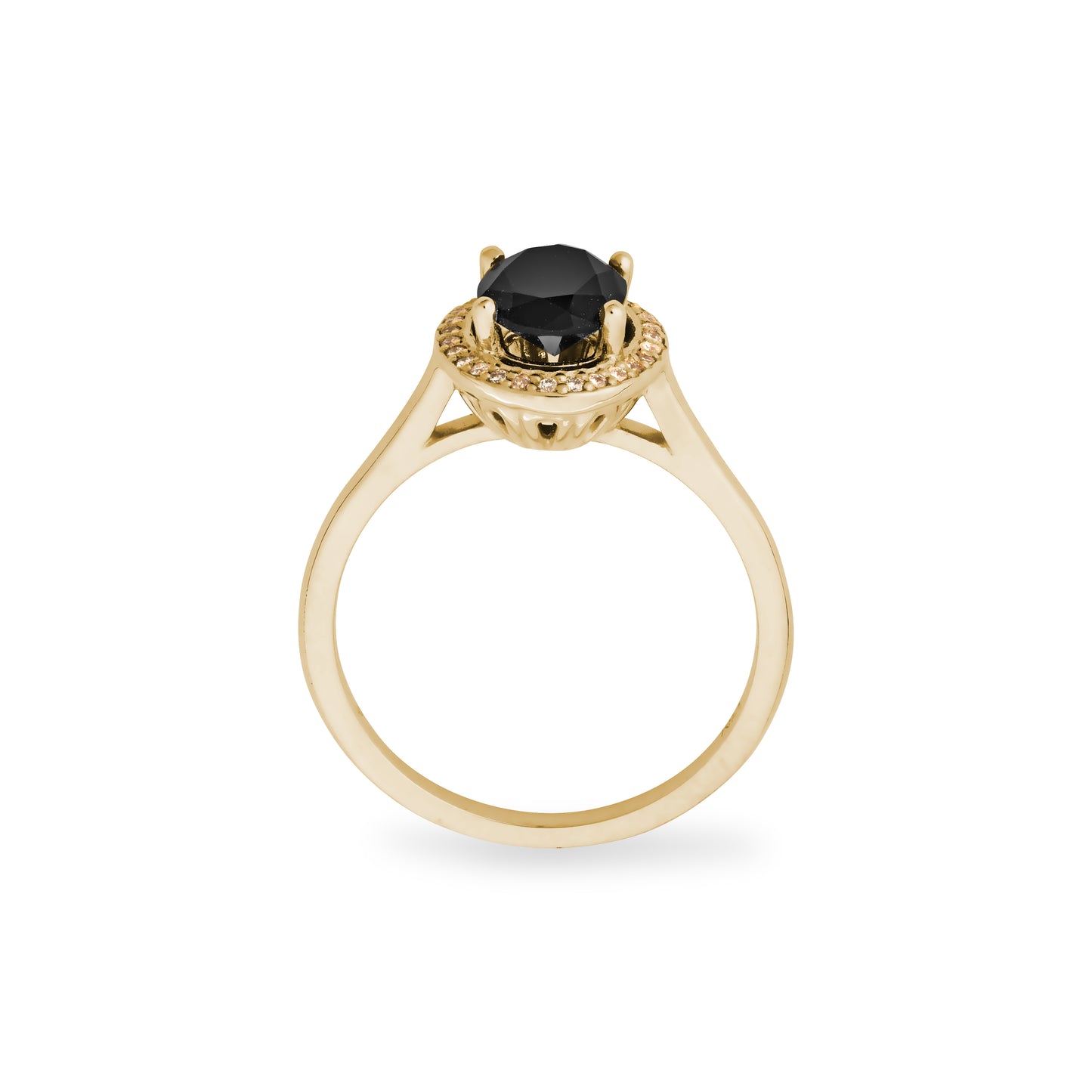 Side view of the Madison Ave Ring with onyx center stone and diamond halo on white background.